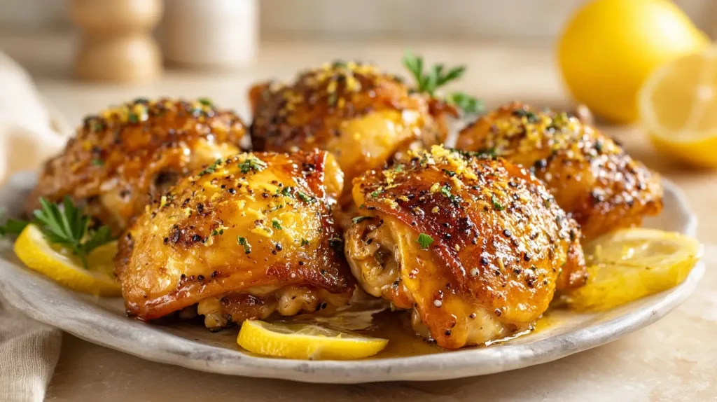 Lemon Pepper Chicken Thighs with crispy golden skin, lemon zest, and cracked black pepper