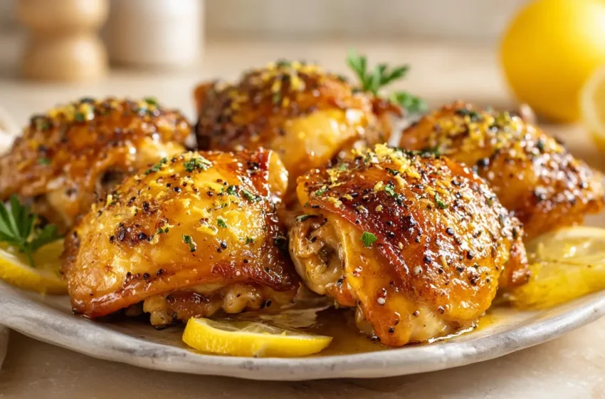 Lemon Pepper Chicken Thighs with crispy golden skin, lemon zest, and cracked black pepper