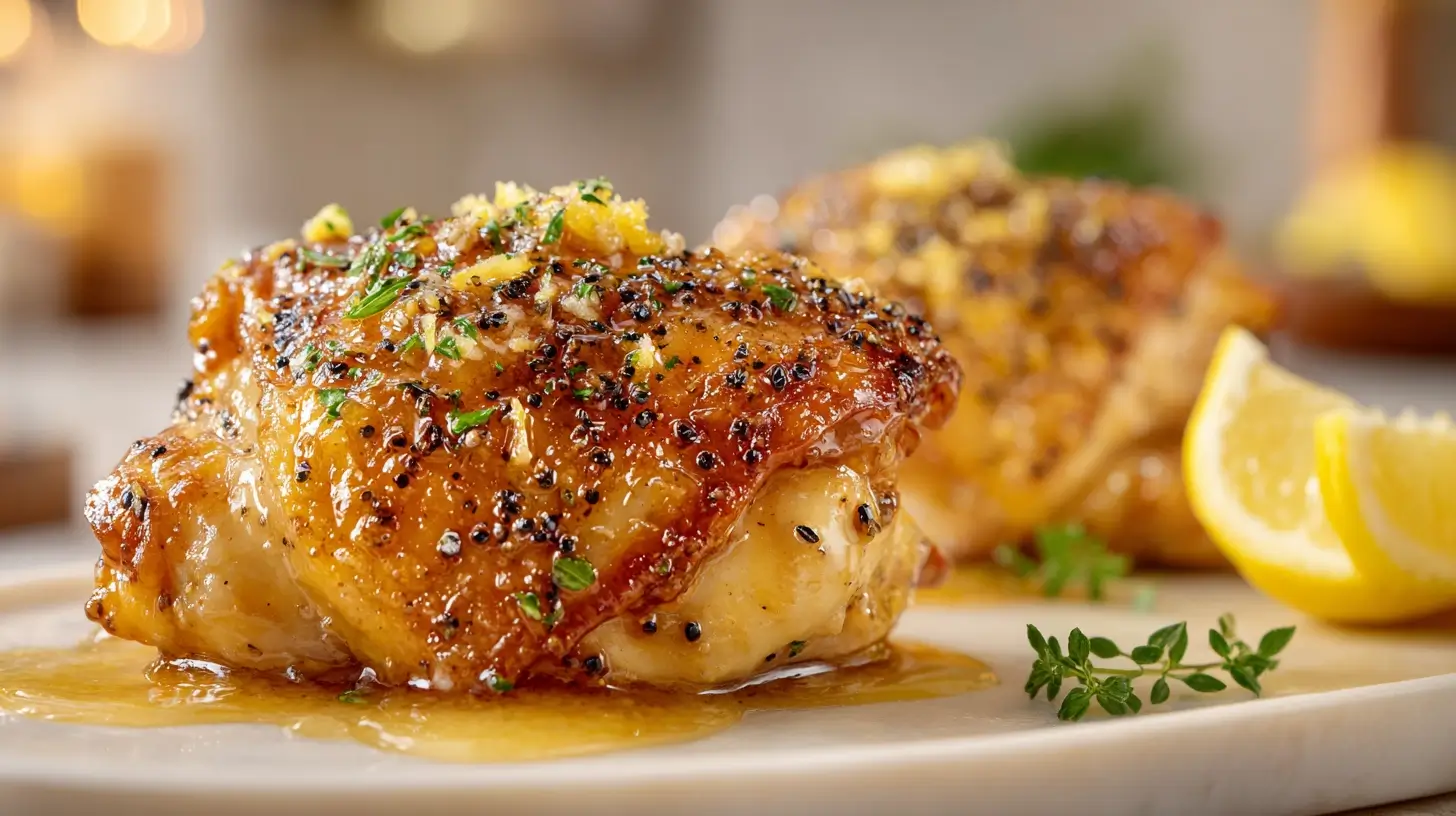 Square recipe image for Lemon Pepper Chicken Thighs with crispy skin and lemon pepper finish