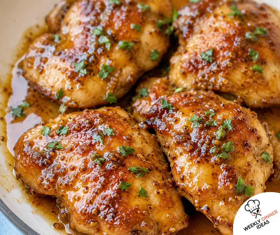 Finished Maple Dijon Chicken Thighs Finished maple Dijon chicken thighs with sticky glossy glaze, golden seared edges, parsley, and thyme.
