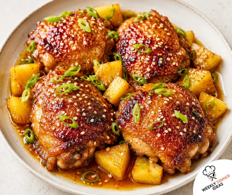 Finished Pineapple Chicken Thighs Finished pineapple chicken thighs with crispy skin, sticky pineapple soy glaze, pineapple chunks, green onions, and sesame seeds.