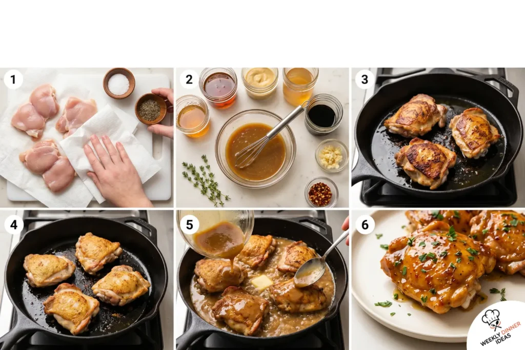 How to Make Maple Dijon Chicken Thighs Six-step photo collage showing how to season, sear, make maple Dijon sauce, glaze, rest, and garnish chicken thighs.