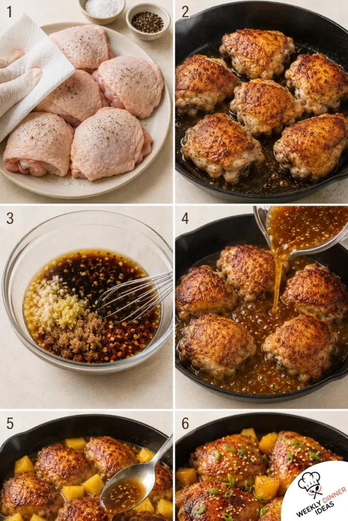 How to Make Pineapple Chicken Thighs Six-step photo collage showing how to season, sear, make pineapple glaze, add pineapple, thicken, roast, and garnish chicken thighs.