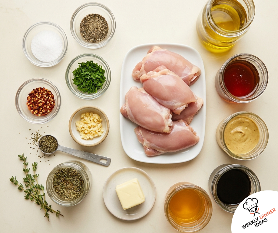 Maple Dijon Chicken Thighs Ingredients Ingredients for maple Dijon chicken thighs including chicken thighs, maple syrup, Dijon mustard, garlic, vinegar, soy sauce, butter, thyme, parsley, and seasonings.