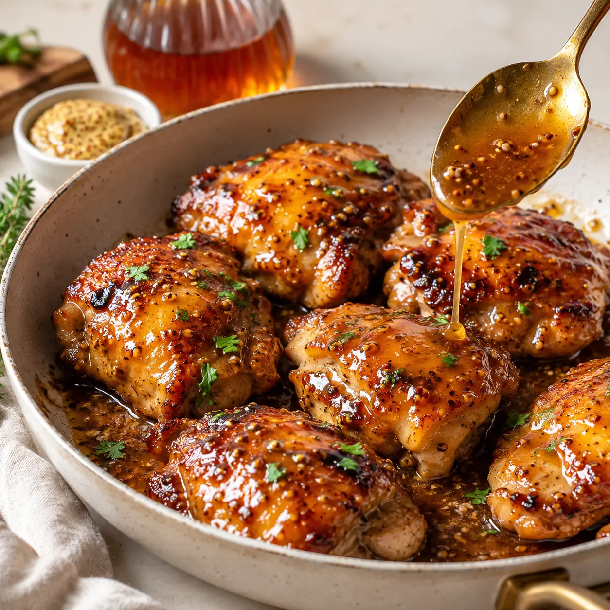 Easy Maple Dijon Chicken Thighs Ready in Under 30 Minutes! 1 Square recipe image of maple Dijon chicken thighs with glossy maple mustard glaze and fresh herbs.