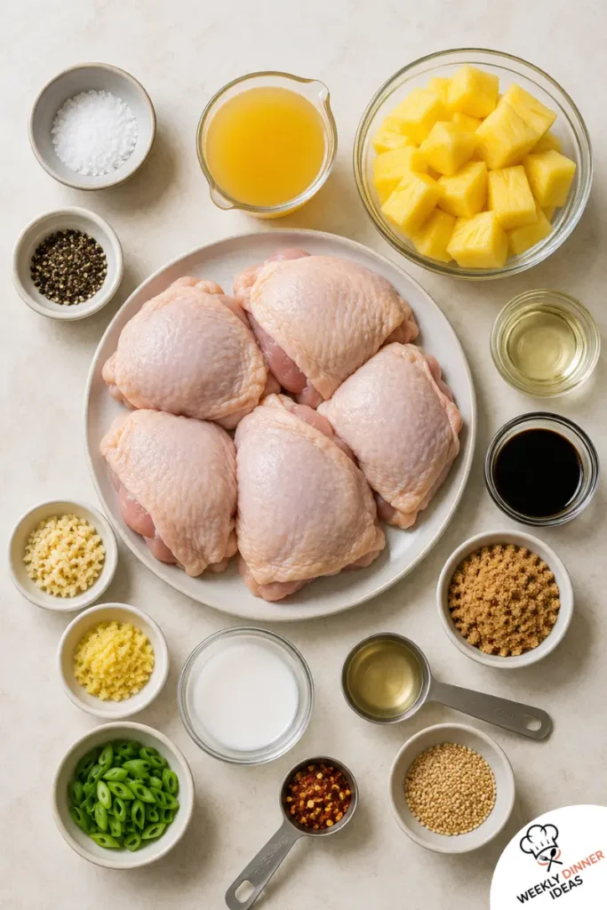 Pineapple Chicken Thighs Ingredients Ingredients for pineapple chicken thighs including chicken thighs, pineapple chunks, pineapple juice, soy sauce, brown sugar, vinegar, garlic, ginger, green onions, and sesame seeds.