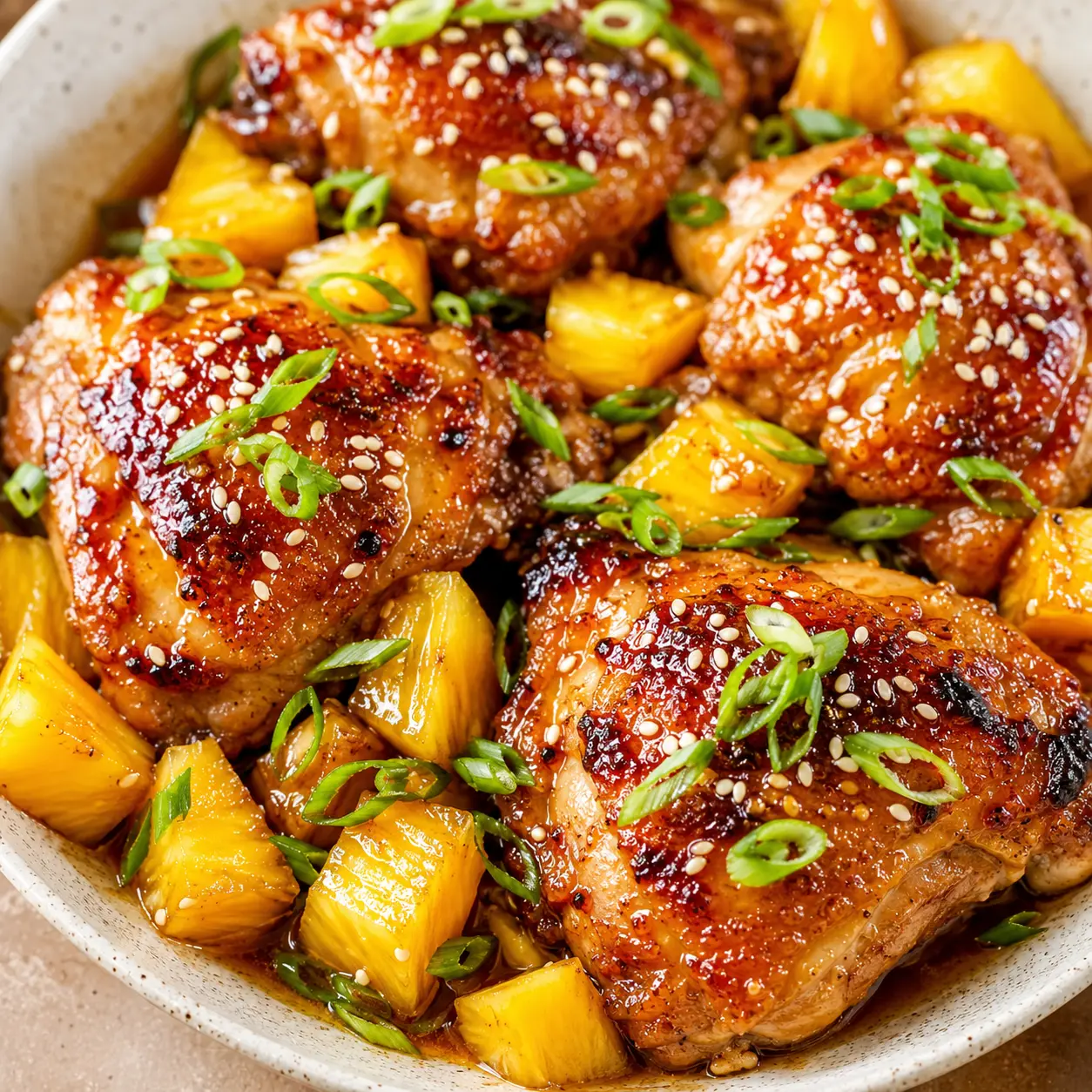Savor Irresistible Pineapple Chicken Thighs: A Must-Try Recipe! 1 Square recipe image of pineapple chicken thighs with crispy golden skin, sticky glaze, pineapple chunks, and green onions.