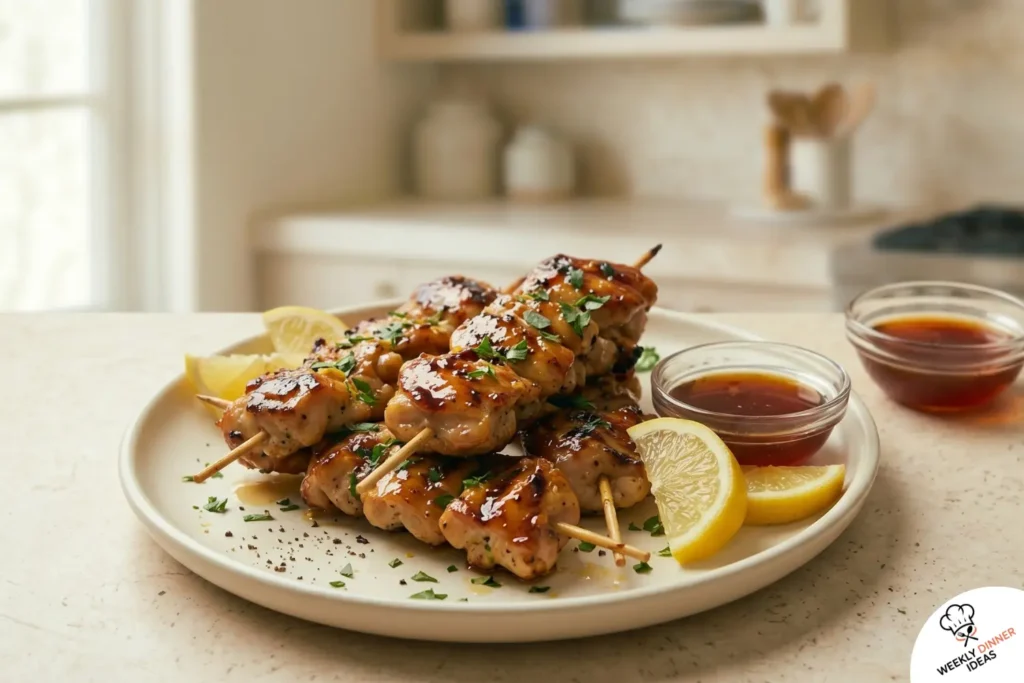 Finished hot honey lemon pepper chicken skewers on a cream plate with lemon wedges and parsley