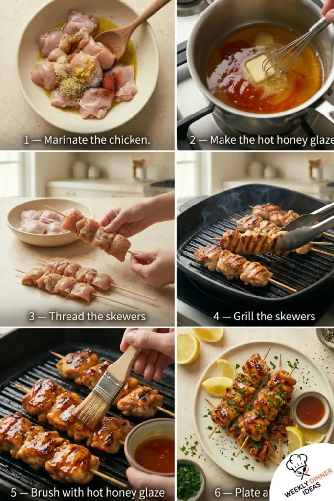 Six-panel image showing how to marinate, glaze, skewer, grill, brush, and plate hot honey lemon pepper chicken skewers