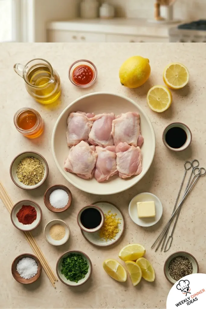 Ingredients for hot honey lemon pepper chicken skewers arranged on a beige marble countertop