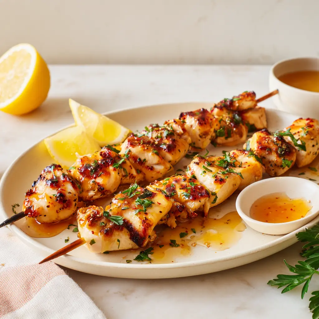 Sticky hot honey lemon pepper chicken skewers with charred edges, lemon wedges, parsley, and extra glaze