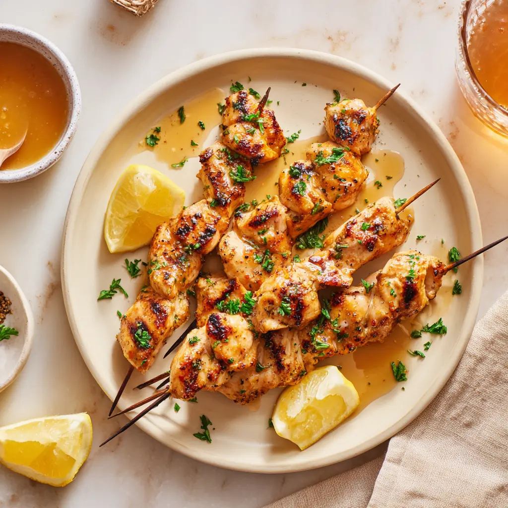 Close-up of glossy hot honey lemon pepper chicken skewers with charred edges and lemon wedges