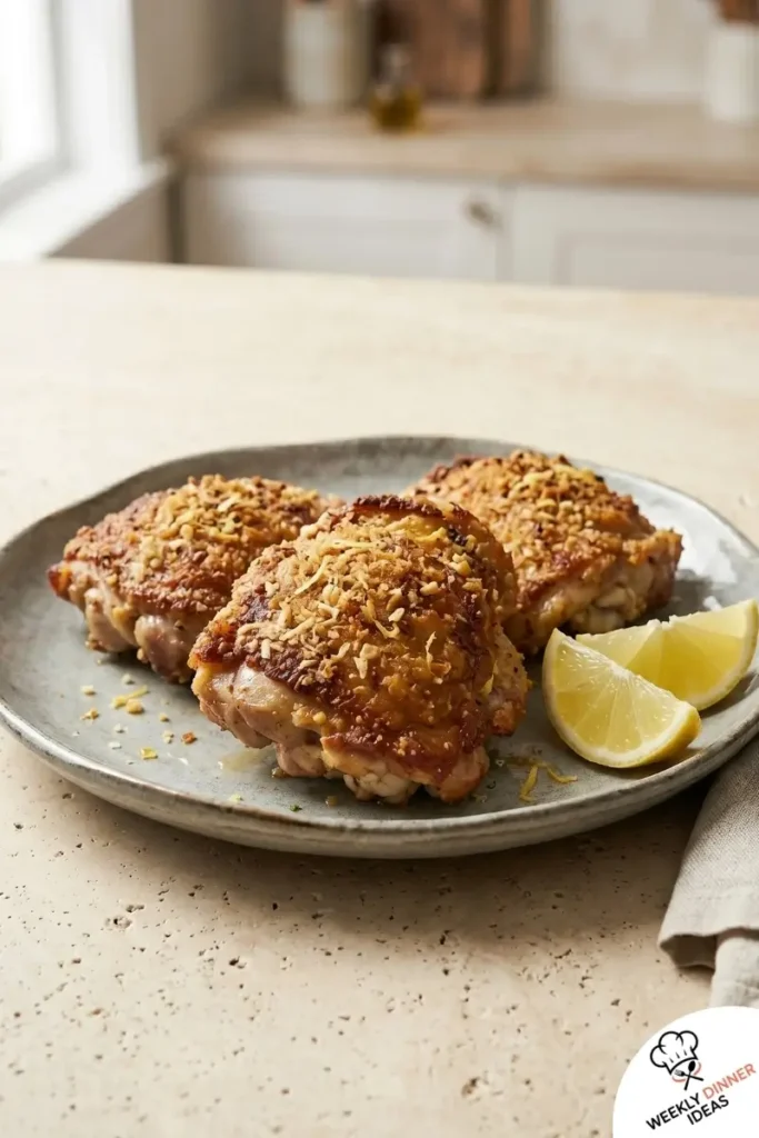 Final plated Parmesan Chicken Thighs with crunchy golden crust and lemon wedges