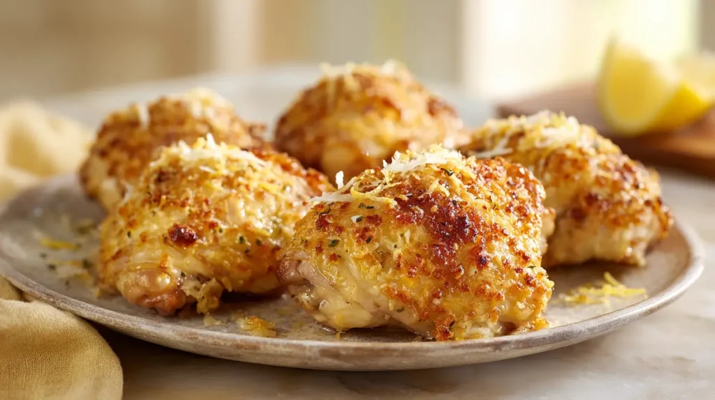 Parmesan Chicken Thighs with crispy golden Parmesan crust and lemon