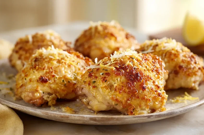 Parmesan Chicken Thighs with crispy golden Parmesan crust and lemon
