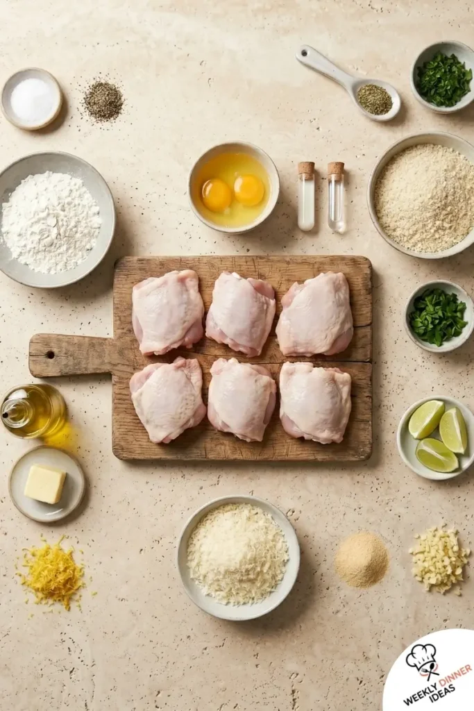 Ingredients for Parmesan Chicken Thighs including chicken thighs, flour, eggs, panko, Parmesan, garlic, lemon, and olive oil