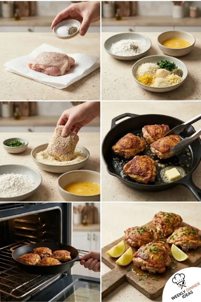 Step-by-step collage showing how to make Parmesan Chicken Thighs from dredging to skillet searing and oven finishing