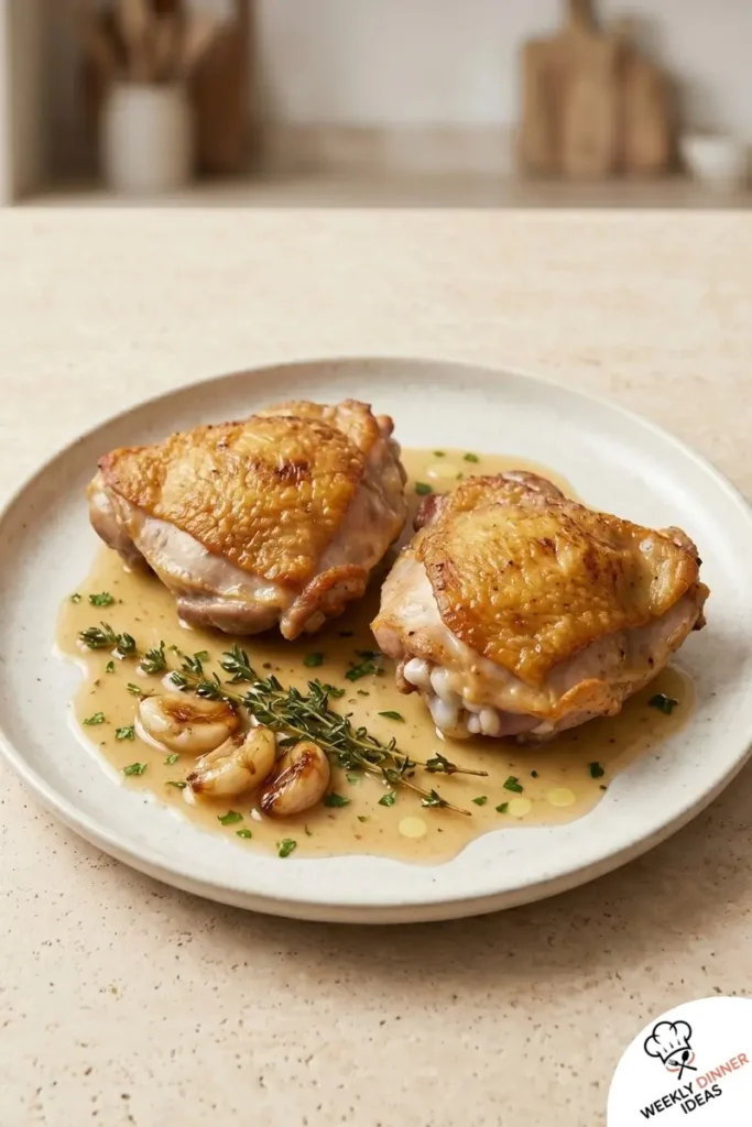 Final plated Skillet Chicken Thighs with crispy skin and light garlic thyme pan sauce