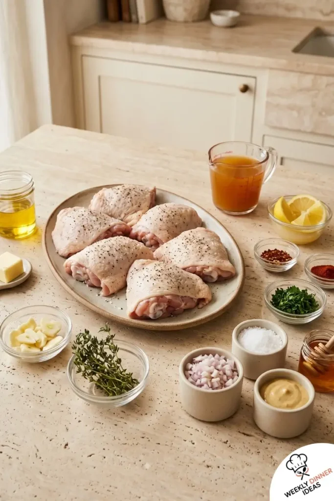 Ingredients for Skillet Chicken Thighs including chicken thighs, oil, butter, garlic, thyme, stock, lemon, and Dijon