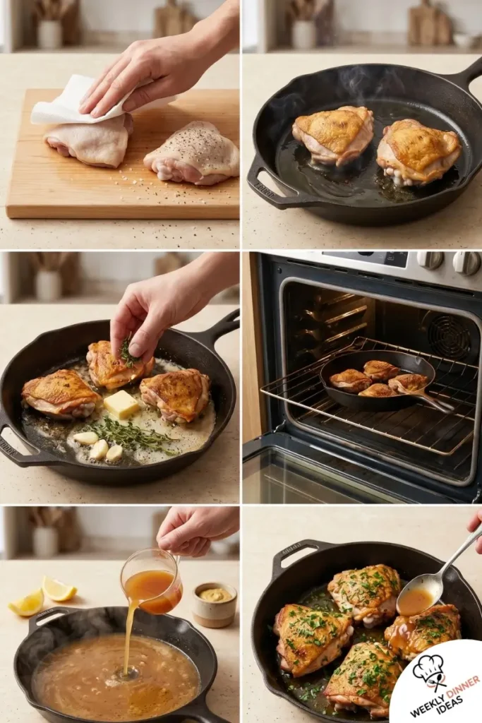 Step-by-step collage showing how to make Skillet Chicken Thighs from seasoning and searing to pan sauce and serving