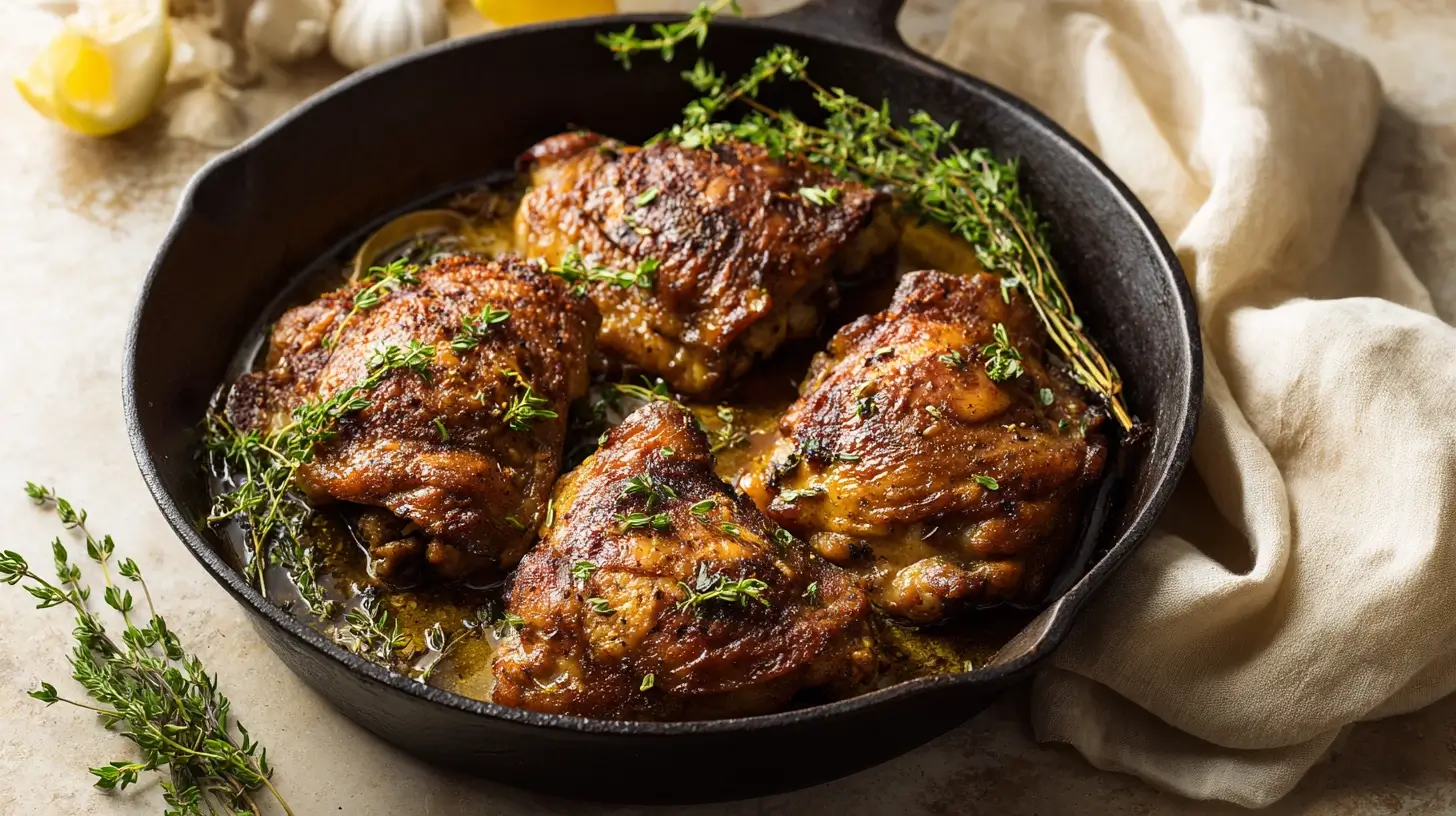 Square recipe image for Skillet Chicken Thighs with crispy skin and garlic thyme pan sauce