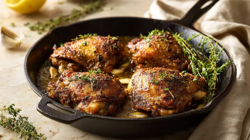 Skillet Chicken Thighs with crispy golden skin in a pan with garlic and thyme