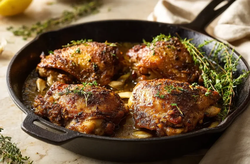Skillet Chicken Thighs with crispy golden skin in a pan with garlic and thyme