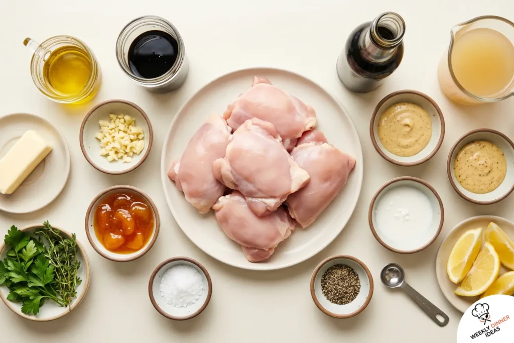 Ingredients for balsamic apricot glazed chicken thighs including chicken, apricot preserves, balsamic vinegar, Dijon, garlic, soy sauce, broth, butter, herbs, and lemon.