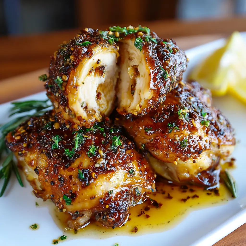 Square recipe image of balsamic apricot glazed chicken thighs with glossy sauce, fresh herbs, and lemon wedges.