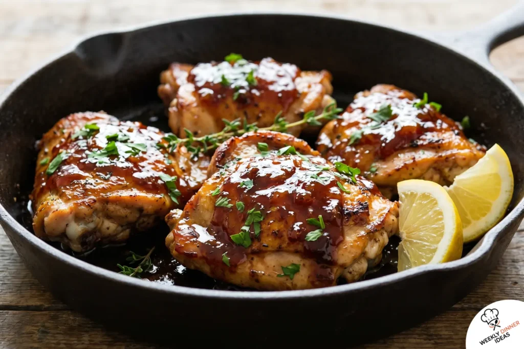 Finished balsamic apricot glazed chicken thighs with sticky glossy sauce, caramelized edges, fresh herbs, and lemon wedges.