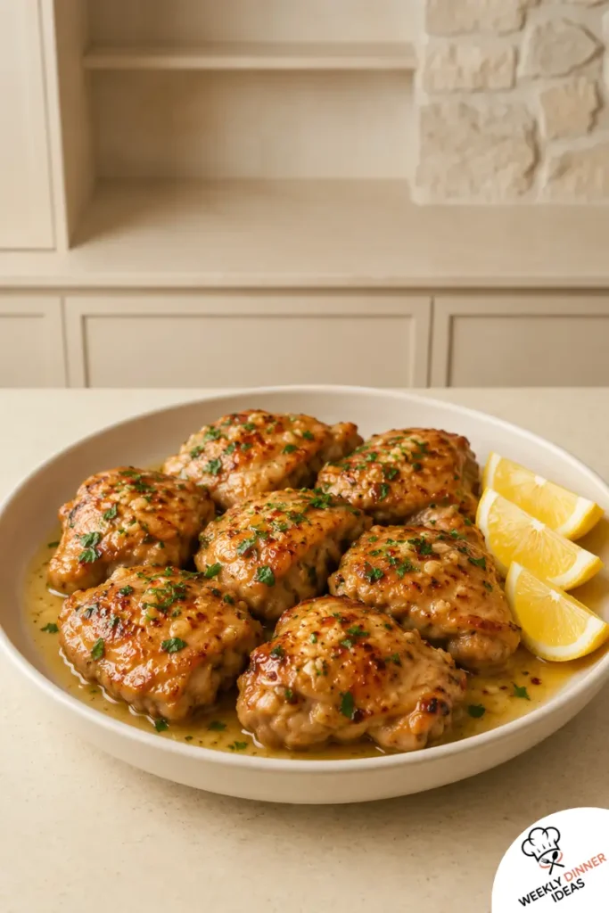 Finished Garlic Lemon Boneless Chicken Thighs Finished garlic lemon boneless chicken thighs with glossy pan sauce, chopped parsley, red pepper flakes, and lemon wedges.