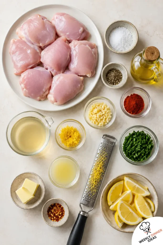 Garlic Lemon Boneless Chicken Thighs Ingredients Ingredients for garlic lemon boneless chicken thighs including chicken thighs, garlic, lemon, olive oil, broth, butter, parsley, and seasonings.