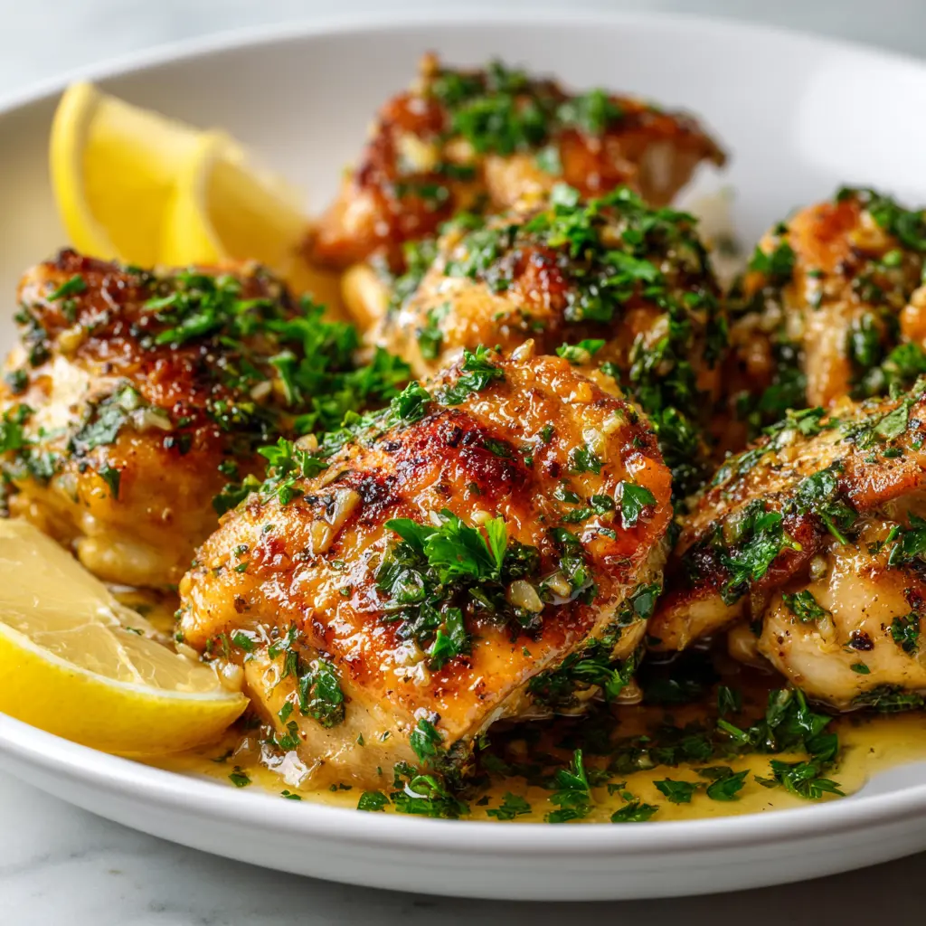 Make Amazing Garlic Lemon Boneless Chicken Thighs in Just 30 Minutes! 1 Square recipe image of garlic lemon boneless chicken thighs with glossy sauce, parsley, and lemon wedges.