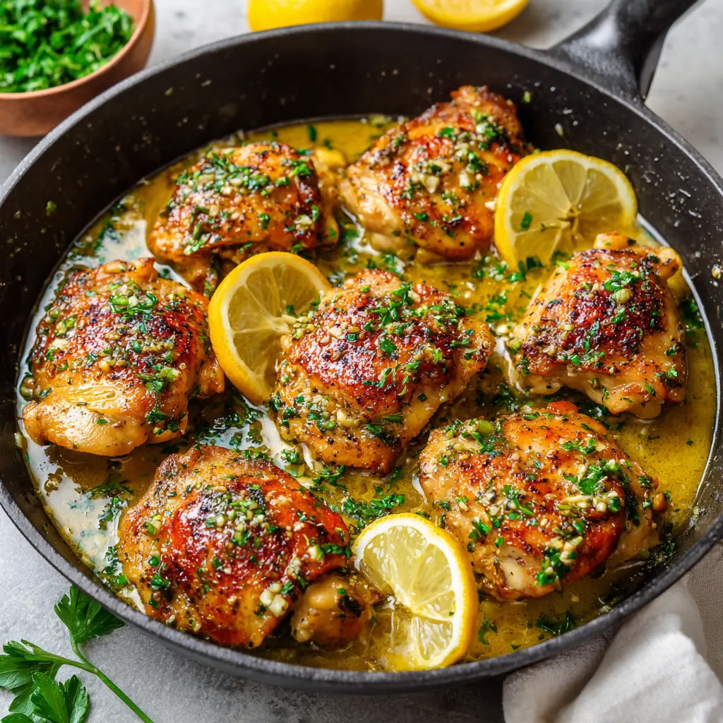 Garlic lemon boneless chicken thighs with golden seared edges, glossy lemon garlic sauce, parsley, and lemon wedges.