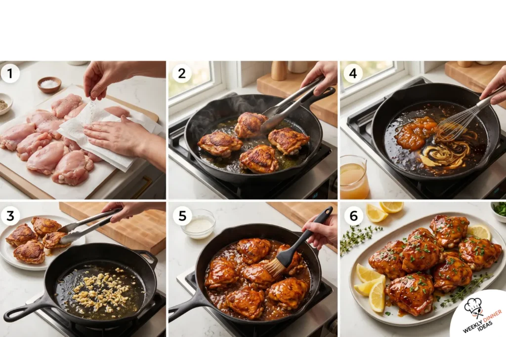 Six-step photo collage showing how to season, sear, make apricot balsamic glaze, coat, simmer, and finish chicken thighs.