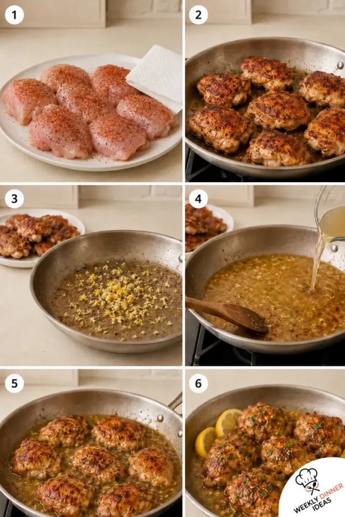 How to Make Garlic Lemon Boneless Chicken Thighs Six-step photo collage showing how to season, sear, make garlic lemon sauce, simmer, finish, and serve boneless chicken thighs.