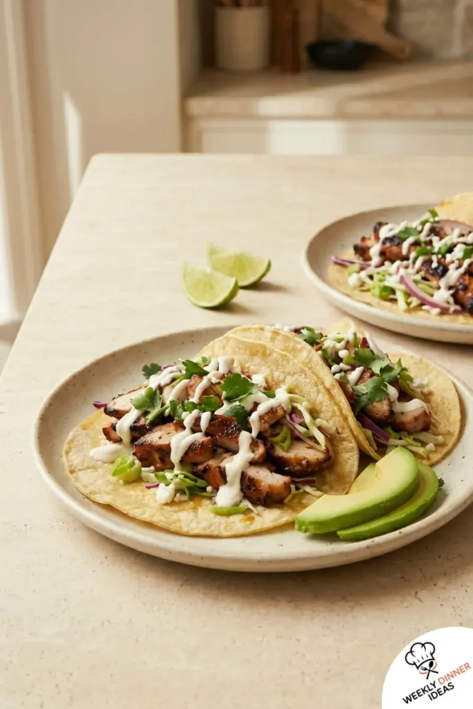 Final Baja Grilled Chicken Thigh Tacos Final plated Baja grilled chicken thigh tacos with slaw, crema, cilantro, and lime