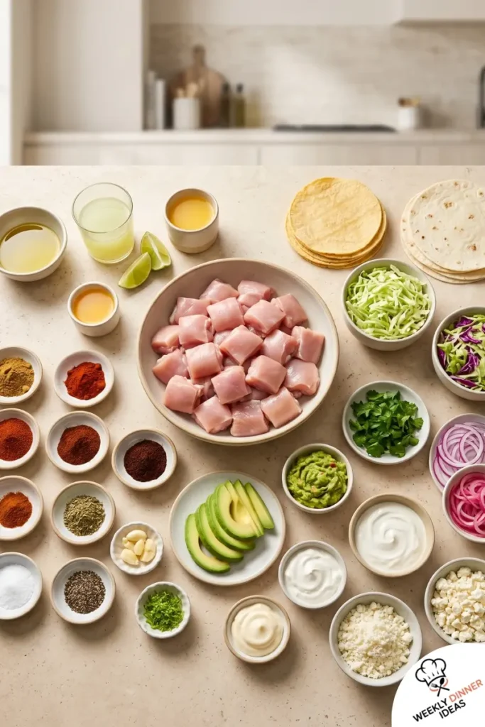 Baja Grilled Chicken Thigh Tacos Ingredients Ingredients for Baja grilled chicken thigh tacos including chicken thighs, cabbage, tortillas, crema, cilantro, lime, and spices