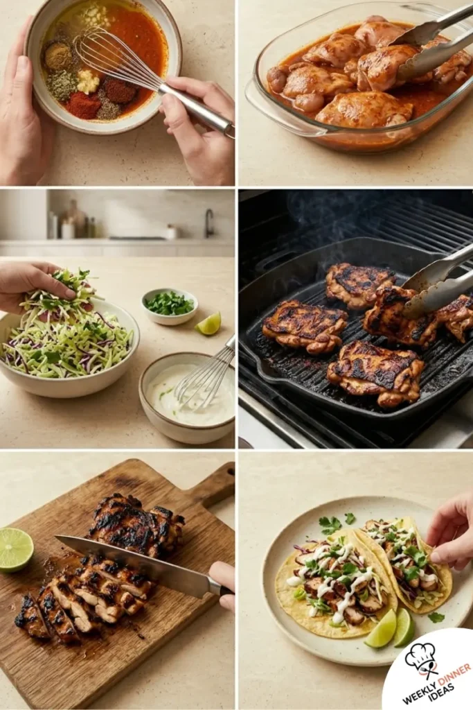 How to Make Baja Grilled Chicken Thigh Tacos Step-by-step collage showing how to make Baja grilled chicken thigh tacos from marinating to grilling and assembling