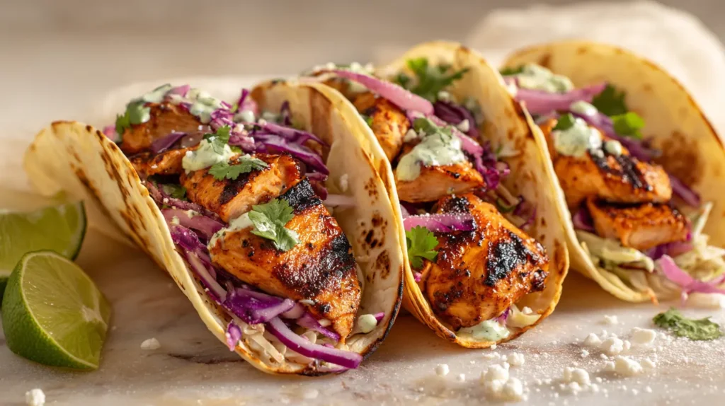 Baja grilled chicken thigh tacos with cabbage slaw, crema, cilantro, and lime