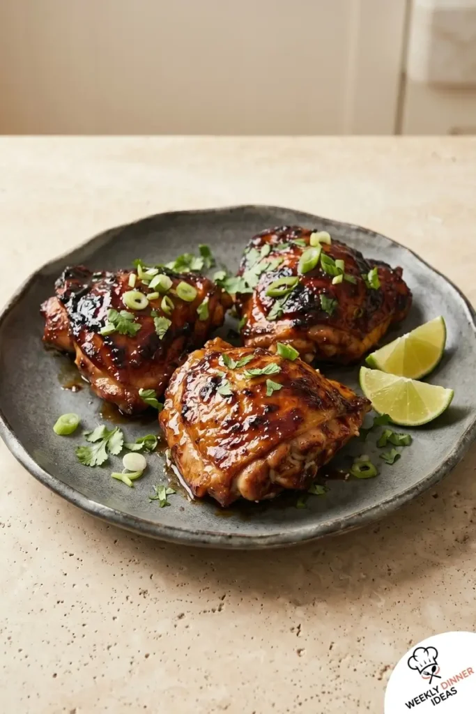 Final plated Chipotle Honey Chicken Thighs with sticky smoky sweet glaze and crispy skin