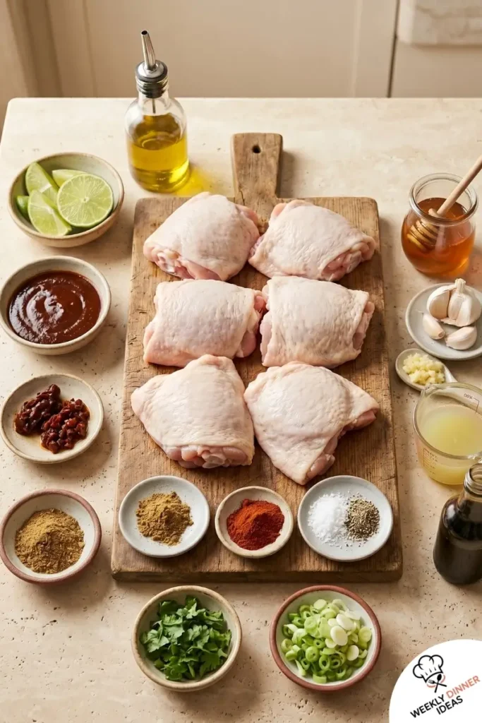 Ingredients for Chipotle Honey Chicken Thighs including chicken thighs, chipotle in adobo, honey, garlic, lime, soy sauce, cumin, and paprika