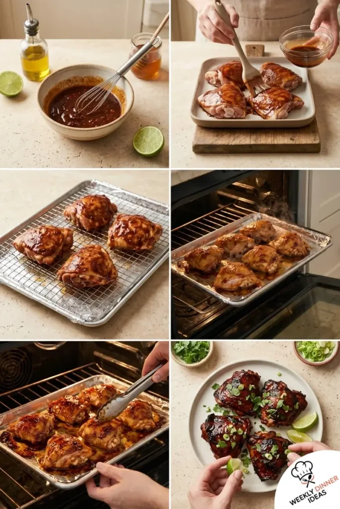 Step-by-step collage showing how to make Chipotle Honey Chicken Thighs from marinade to roasting and broiling