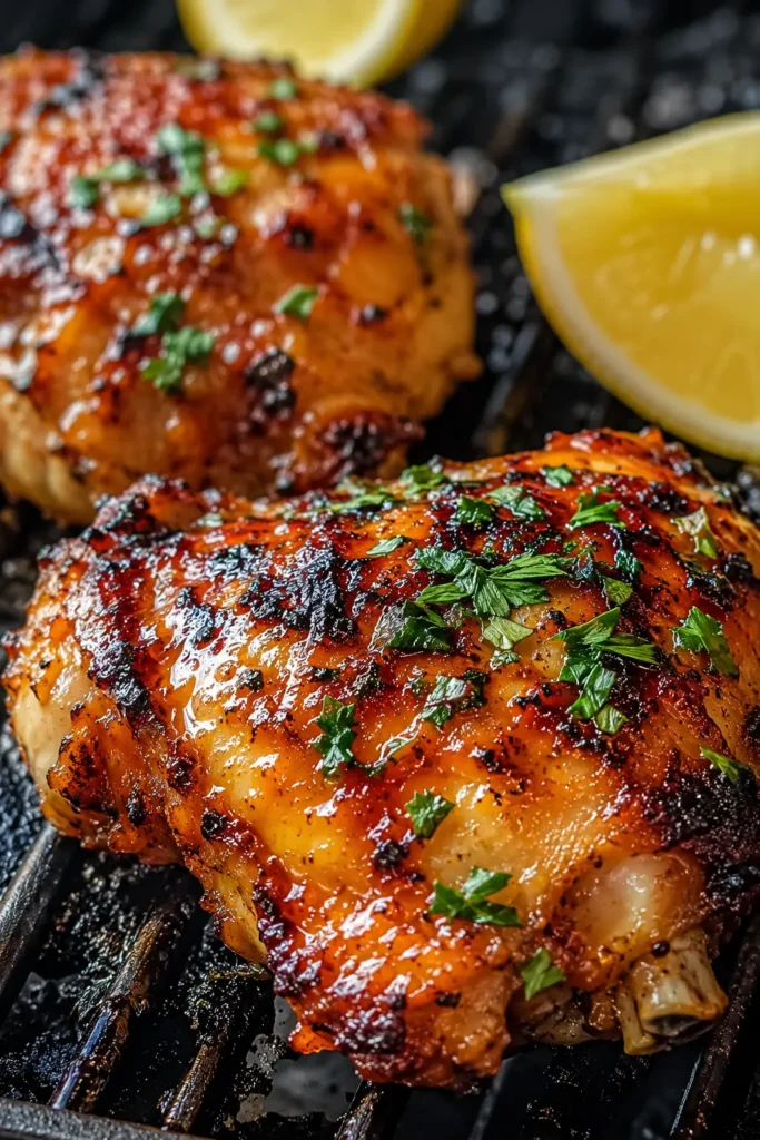 grilled-honey-buffalo-chicken-final Close-up of Grilled Honey Buffalo Chicken Thighs with sticky honey-buffalo glaze and caramelized edges.