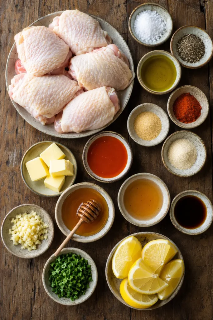 grilled-honey-buffalo-chicken-ingredients Ingredients for Grilled Honey Buffalo Chicken Thighs arranged on a rustic wooden table