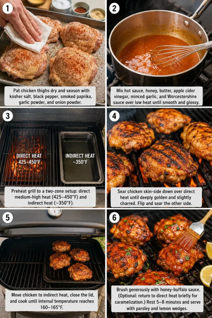 grilled-honey-buffalo-chicken-steps Six-step collage showing how to grill and glaze Honey Buffalo Chicken Thighs