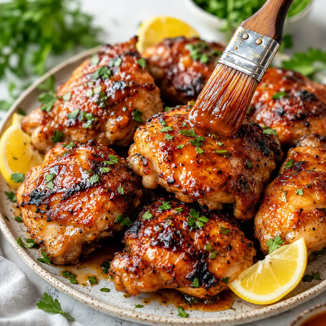 Enjoy Irresistible Grilled Honey Buffalo Chicken Thighs That Satisfy! 1 Grilled Honey Buffalo Chicken Thighs plated neatly for recipe card with parsley and lemon wedges