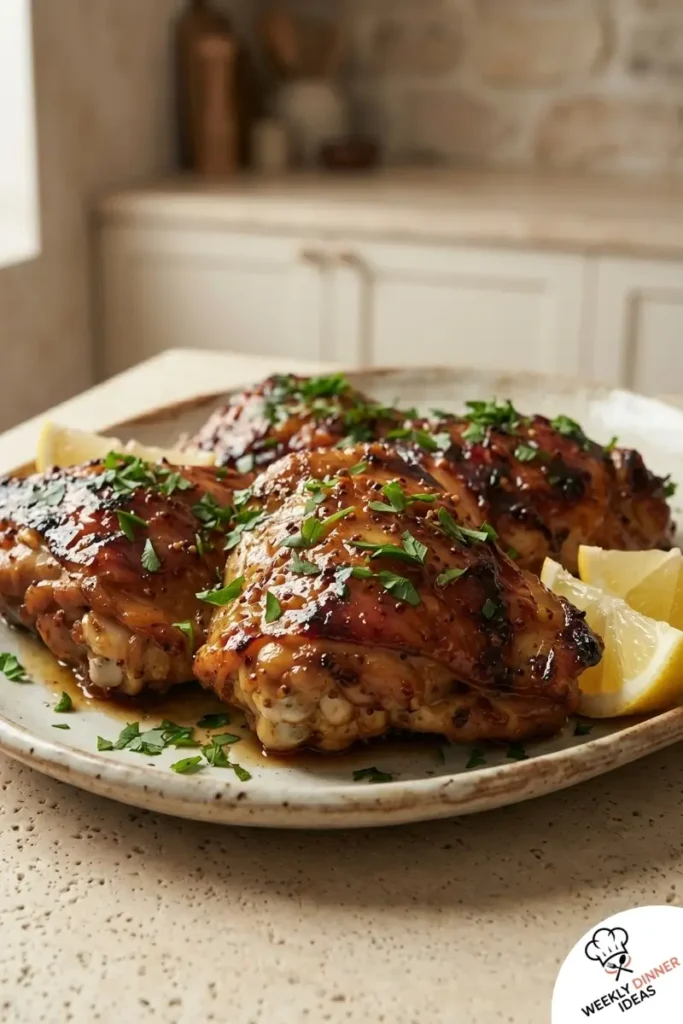 Final plated Honey Mustard Chicken Thighs with sticky glaze and golden skin