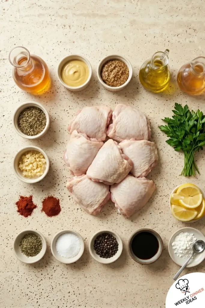 Ingredients for Honey Mustard Chicken Thighs including chicken thighs, honey, Dijon mustard, olive oil, garlic, thyme, and lemon