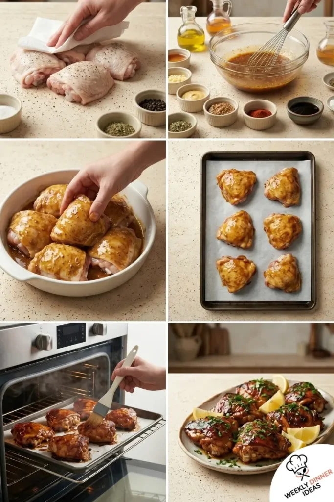 Step-by-step collage showing how to make Honey Mustard Chicken Thighs from glazing to baking and finishing